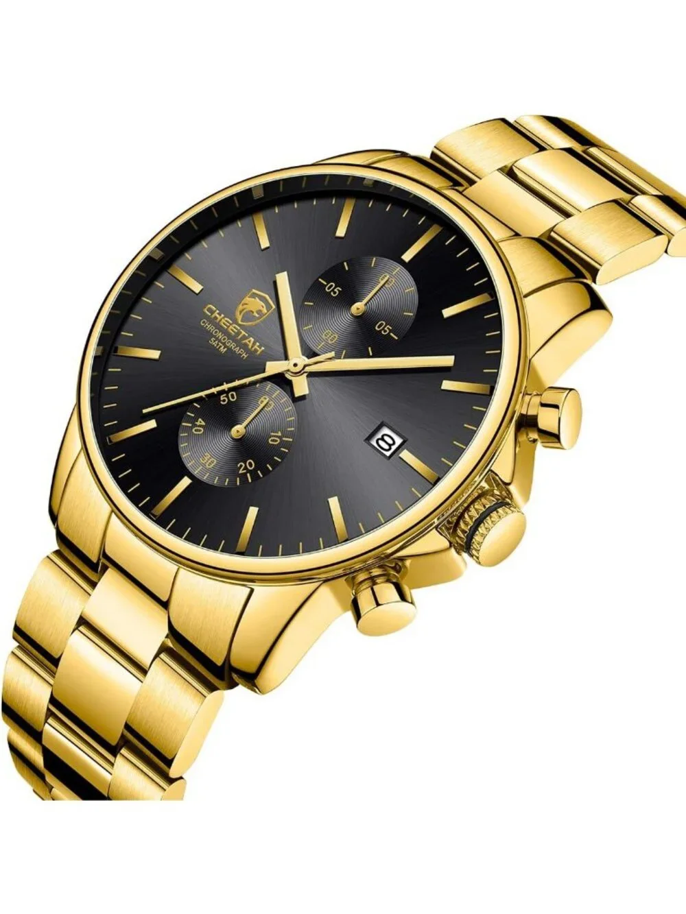 Men's Gold Black Stainless Steel Waterproof Chronograph Quartz Wrist Watch